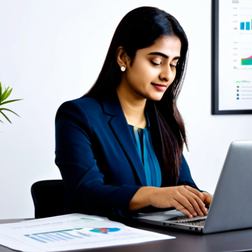 A professional individual, of Indian descent, in modest business attire, sitting comfortably at a modern desk. The person is meticulously reviewing a financial statement on a laptop, with a pen in hand. A subtle, positive infographic or line graph is visible on the screen, indicating financial growth and stability. The environment is a well-organized, brightly lit home office or a quiet co-working space, featuring a potted plant on the desk. Professional photography, soft natural lighting, high resolution, sharp focus, detailed. fully clothed, modest clothing, appropriate attire, professional dress, safe for work, appropriate content, perfect anatomy, correct proportions, natural pose, well-formed hands, proper finger count, natural body proportions, family-friendly.