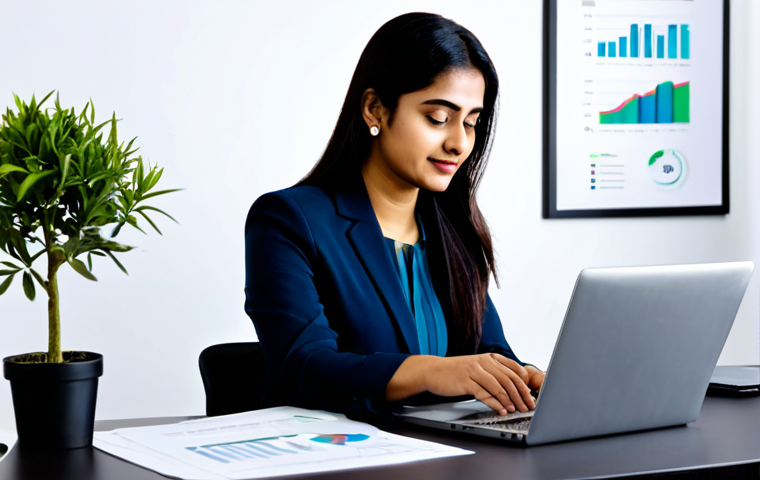 A professional individual, of Indian descent, in modest business attire, sitting comfortably at a modern desk. The person is meticulously reviewing a financial statement on a laptop, with a pen in hand. A subtle, positive infographic or line graph is visible on the screen, indicating financial growth and stability. The environment is a well-organized, brightly lit home office or a quiet co-working space, featuring a potted plant on the desk. Professional photography, soft natural lighting, high resolution, sharp focus, detailed. fully clothed, modest clothing, appropriate attire, professional dress, safe for work, appropriate content, perfect anatomy, correct proportions, natural pose, well-formed hands, proper finger count, natural body proportions, family-friendly.