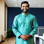 **

"A smiling Indian man, fully clothed in traditional kurta pajama, standing in a modern office setting, appropriate attire, safe for work, perfect anatomy, natural pose, professional photograph, high quality, professional, family-friendly."

**