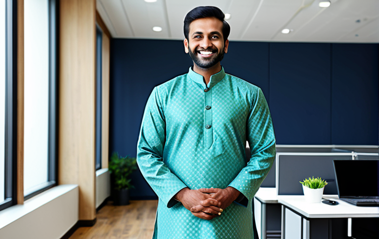 **
"A smiling Indian man, fully clothed in traditional kurta pajama, standing in a modern office setting, appropriate attire, safe for work, perfect anatomy, natural pose, professional photograph, high quality, professional, family-friendly."
**