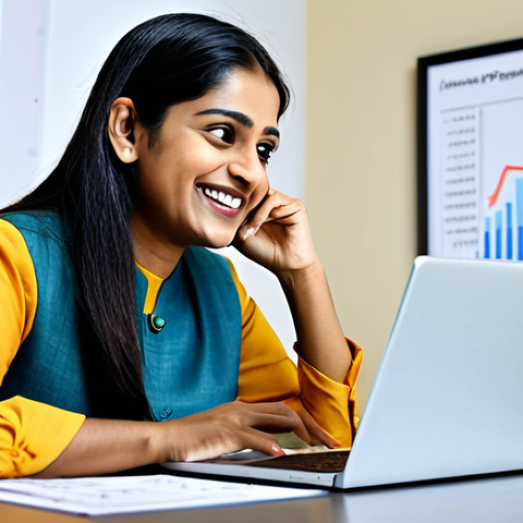 Smart Credit Card Use**

"A professional Indian woman, smiling confidently, reviewing her monthly budget on a laptop. She is wearing a modest, professional kurta. The scene is a bright, modern home office with financial charts subtly displayed in the background. Emphasize organization and financial control. Fully clothed, appropriate attire, safe for work, perfect anatomy, natural proportions, professional, modest, family-friendly."

**