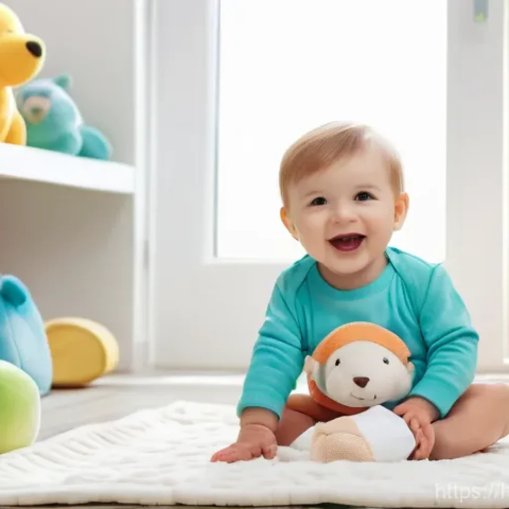 체크카드 환불 절차 - A cheerful toddler, approximately 18 months old, sitting on a soft, plush blanket on the floor of a ...