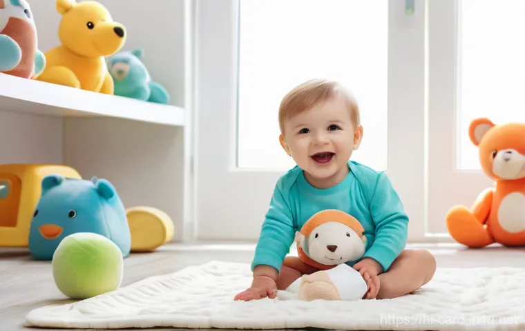 체크카드 환불 절차 - A cheerful toddler, approximately 18 months old, sitting on a soft, plush blanket on the floor of a ...