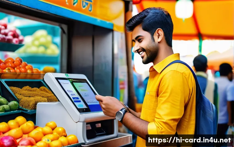 체크카드 간편결제 기능 - A modern Indian urban setting with a young man using his smartphone for NFC payment at a local marke...