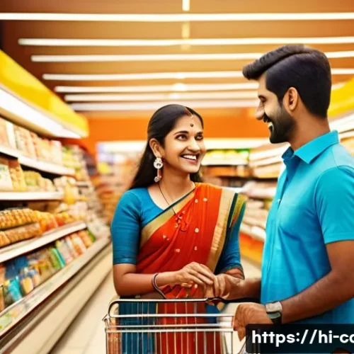체크카드 캐시백 혜택 - A modern Indian family shopping at a vibrant supermarket in India, using a debit card at the checkou...