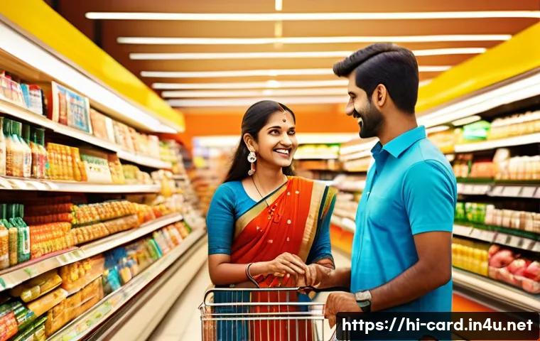 체크카드 캐시백 혜택 - A modern Indian family shopping at a vibrant supermarket in India, using a debit card at the checkou...