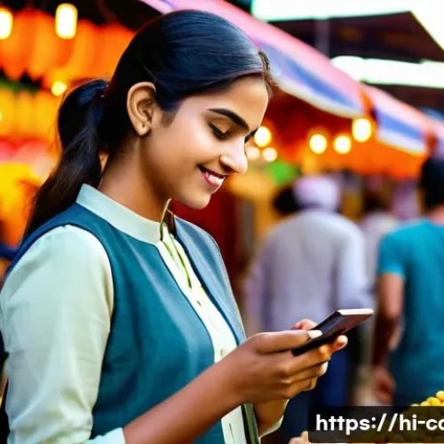 체크카드 간편결제 연동 - A vibrant and modern Indian urban setting showing a young professional woman using a mobile wallet a...