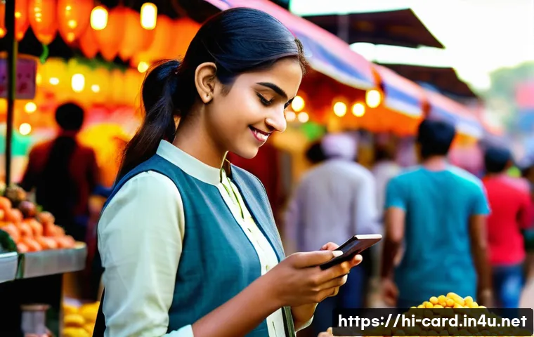 체크카드 간편결제 연동 - A vibrant and modern Indian urban setting showing a young professional woman using a mobile wallet a...