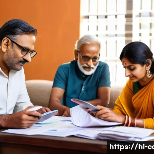 연체 시 신용등급 하락 - A detailed scene showing a middle-aged Indian family in a modest living room setting, surrounded by ...