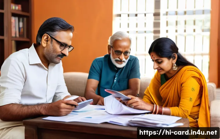 연체 시 신용등급 하락 - A detailed scene showing a middle-aged Indian family in a modest living room setting, surrounded by ...