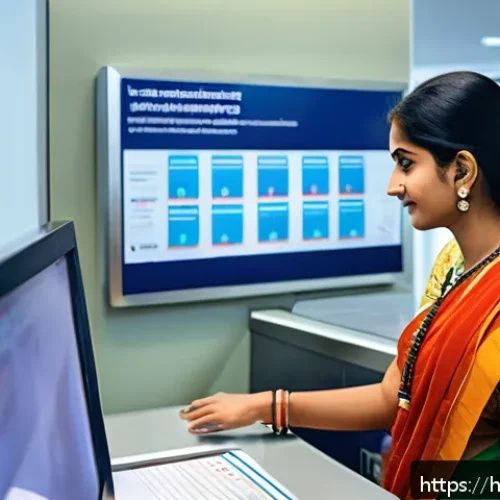체크카드 한도 하향 이유 - A modern Indian banking office scene showing a young Hindi-speaking customer interacting with a bank...