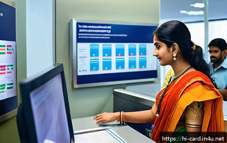 체크카드 한도 하향 이유 - A modern Indian banking office scene showing a young Hindi-speaking customer interacting with a bank...